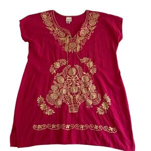 Mexican Embroidered Tunic Women XXL Pink Floral Boho Peasant Top